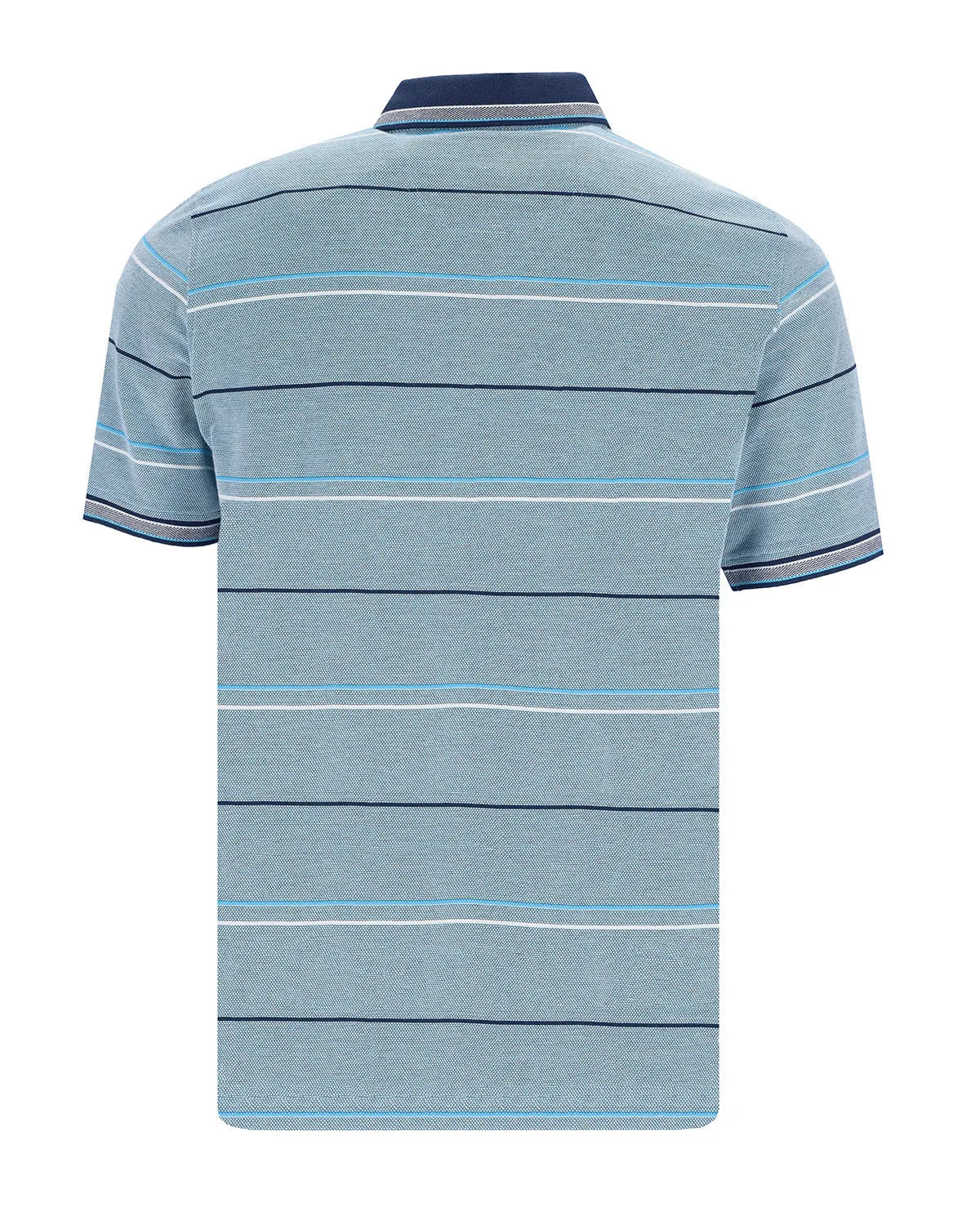 Blau gestreiftes Poloshirt mit marineblauem Kragen und Manschetten, kurze Ärmel.