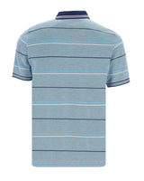 Blau gestreiftes Poloshirt mit marineblauem Kragen und Manschetten, kurze Ärmel.