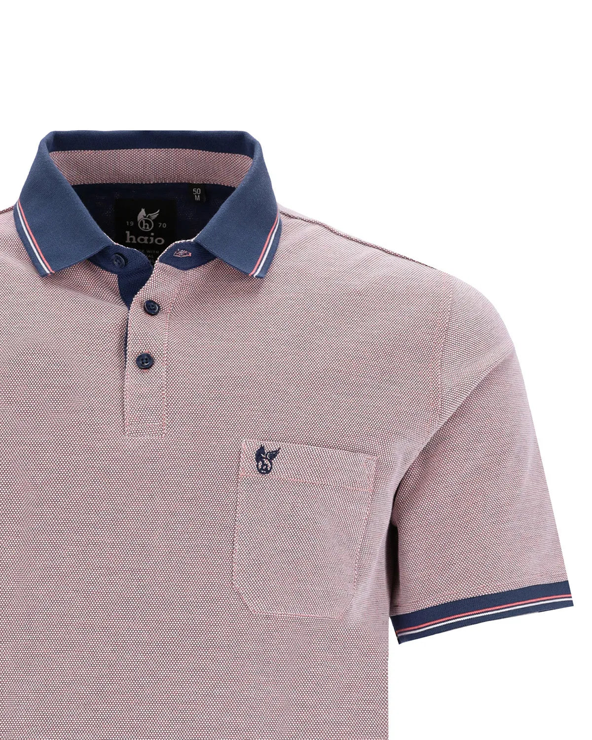 Rosafarbenes Herren-Poloshirt mit marineblauem Kragen und Saum, mit kleinem Vogel-Logo auf der Brusttasche.