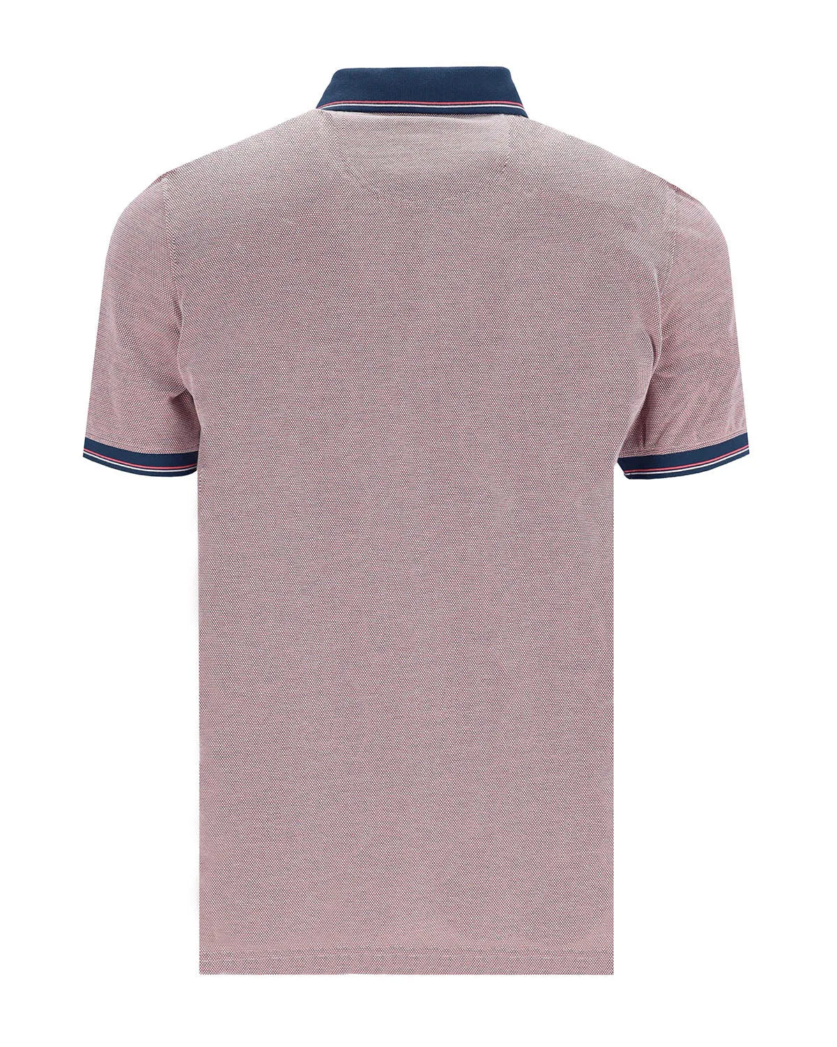 Rosa gestreiftes Poloshirt mit marineblauem Saum und Kragen, möglicherweise von Tommy Hilfiger.