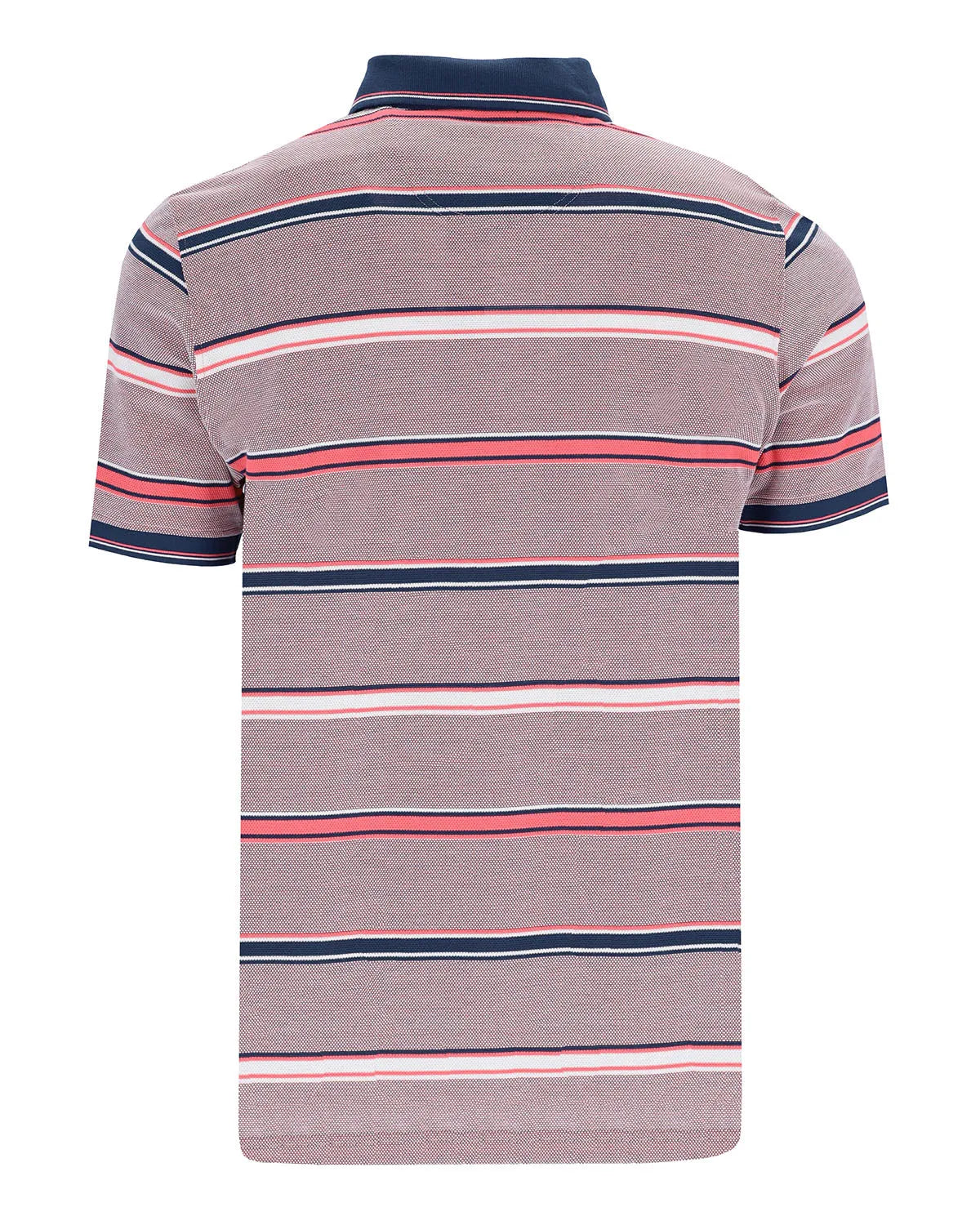 Gestreiftes Poloshirt mit rosa, blauen und weißen Streifen auf hellgrauem Hintergrund.