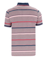 Gestreiftes Poloshirt mit rosa, blauen und weißen Streifen auf hellgrauem Hintergrund.