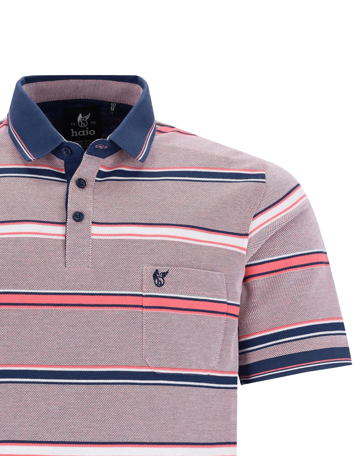 Rosa und marineblau gestreiftes Poloshirt mit Tasche, Logo auf der linken Brust.