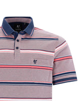 Rosa und marineblau gestreiftes Poloshirt mit Tasche, Logo auf der linken Brust.