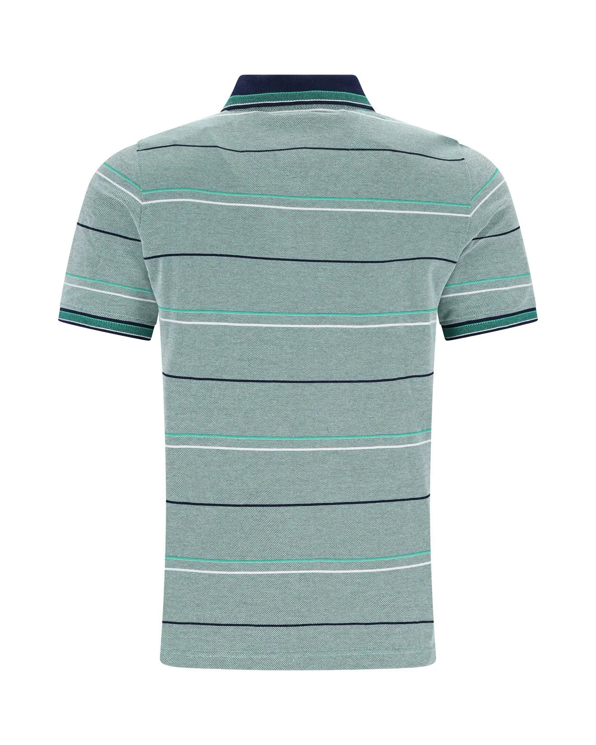 Mintgrün gestreiftes Poloshirt mit marineblauem Kragen und Manschetten, aus Baumwolle.