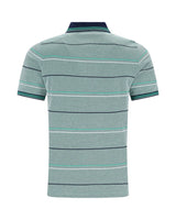 Mintgrün gestreiftes Poloshirt mit marineblauem Kragen und Manschetten, aus Baumwolle.
