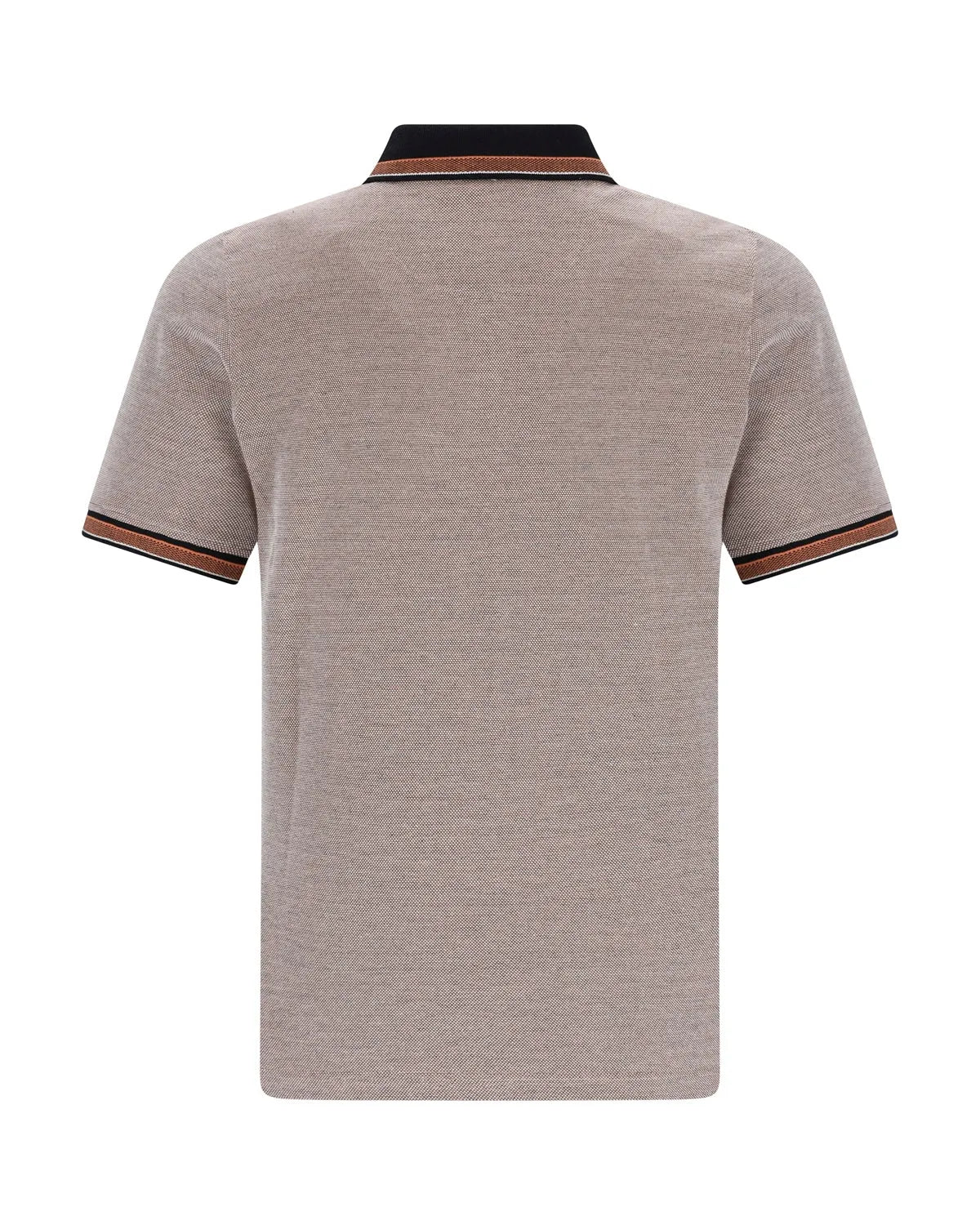 Beigefarbenes Poloshirt mit braunem und schwarzem Besatz, strukturierter Stoff.