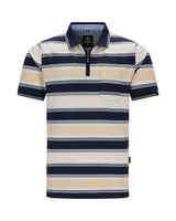 Marineblau und beige gestreiftes Poloshirt mit Tasche, kurzen Ärmeln, Kragen und Knopfleiste.