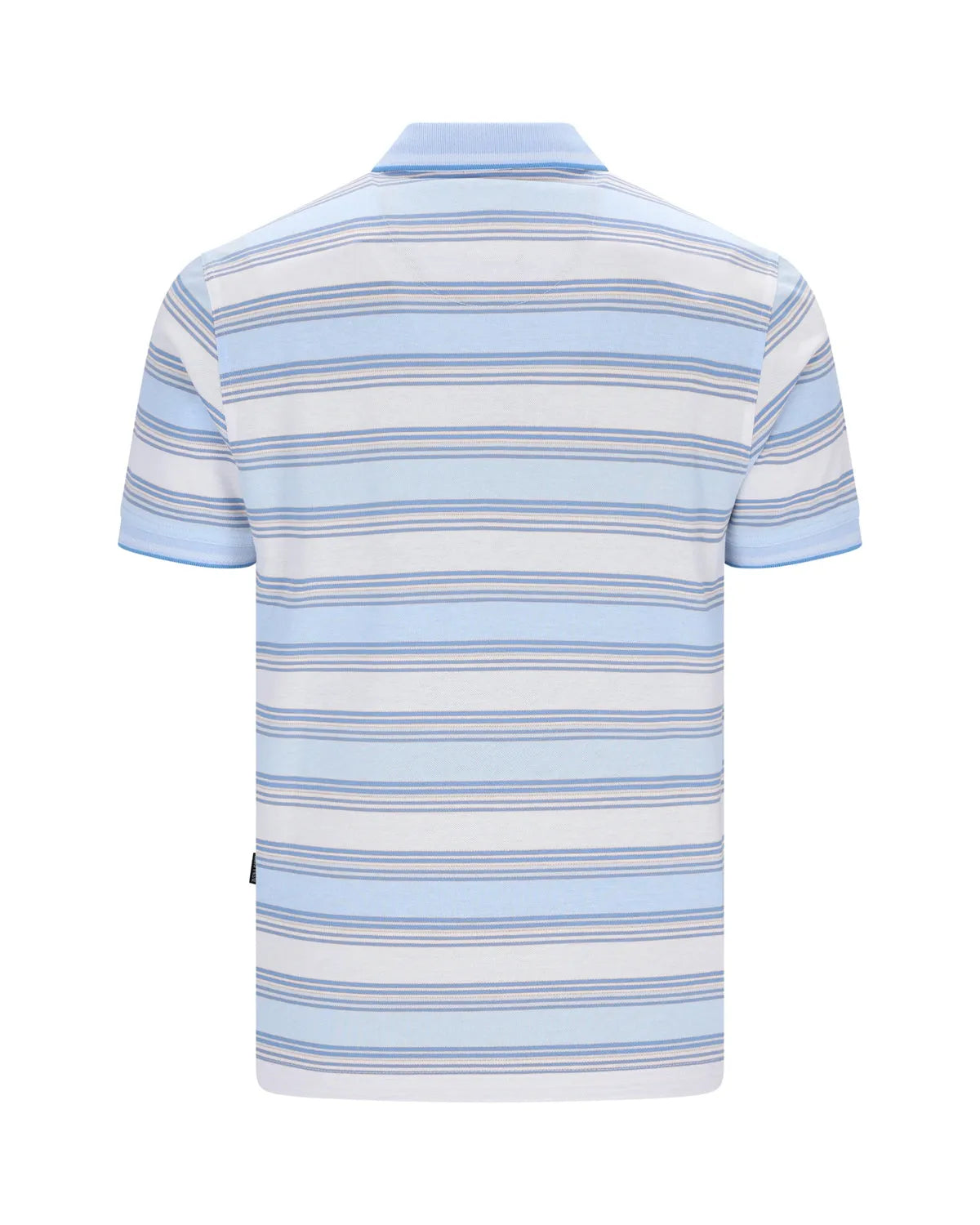 Hellblau-weiß gestreiftes Poloshirt mit kurzen Ärmeln, Kragen und Button-Down-Front.