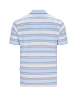 Hellblau-weiß gestreiftes Poloshirt mit kurzen Ärmeln, Kragen und Button-Down-Front.