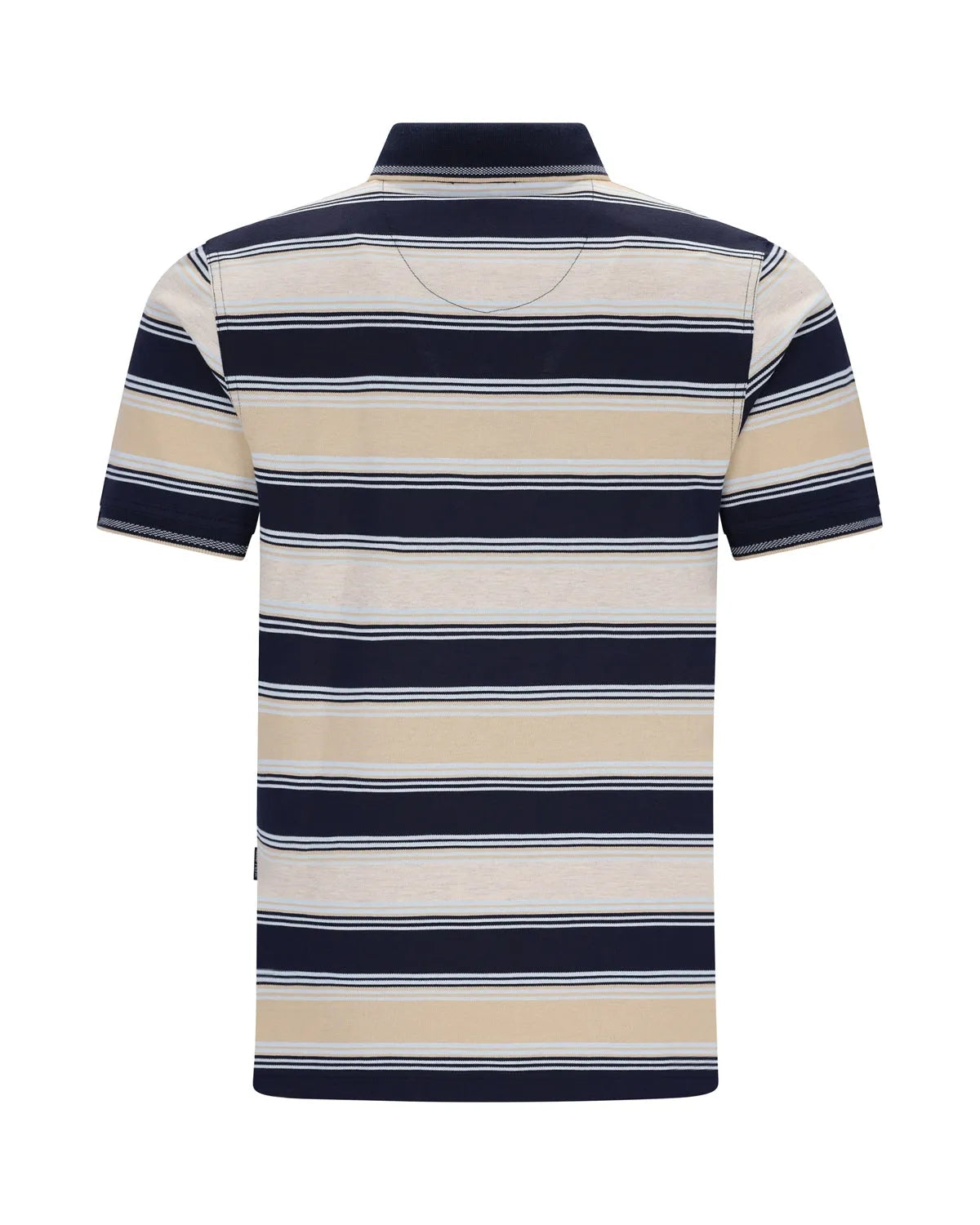 Marineblau und cremefarben gestreiftes Poloshirt mit Kragen, kurzen Ärmeln und Taschen.