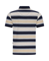 Marineblau und cremefarben gestreiftes Poloshirt mit Kragen, kurzen Ärmeln und Taschen.
