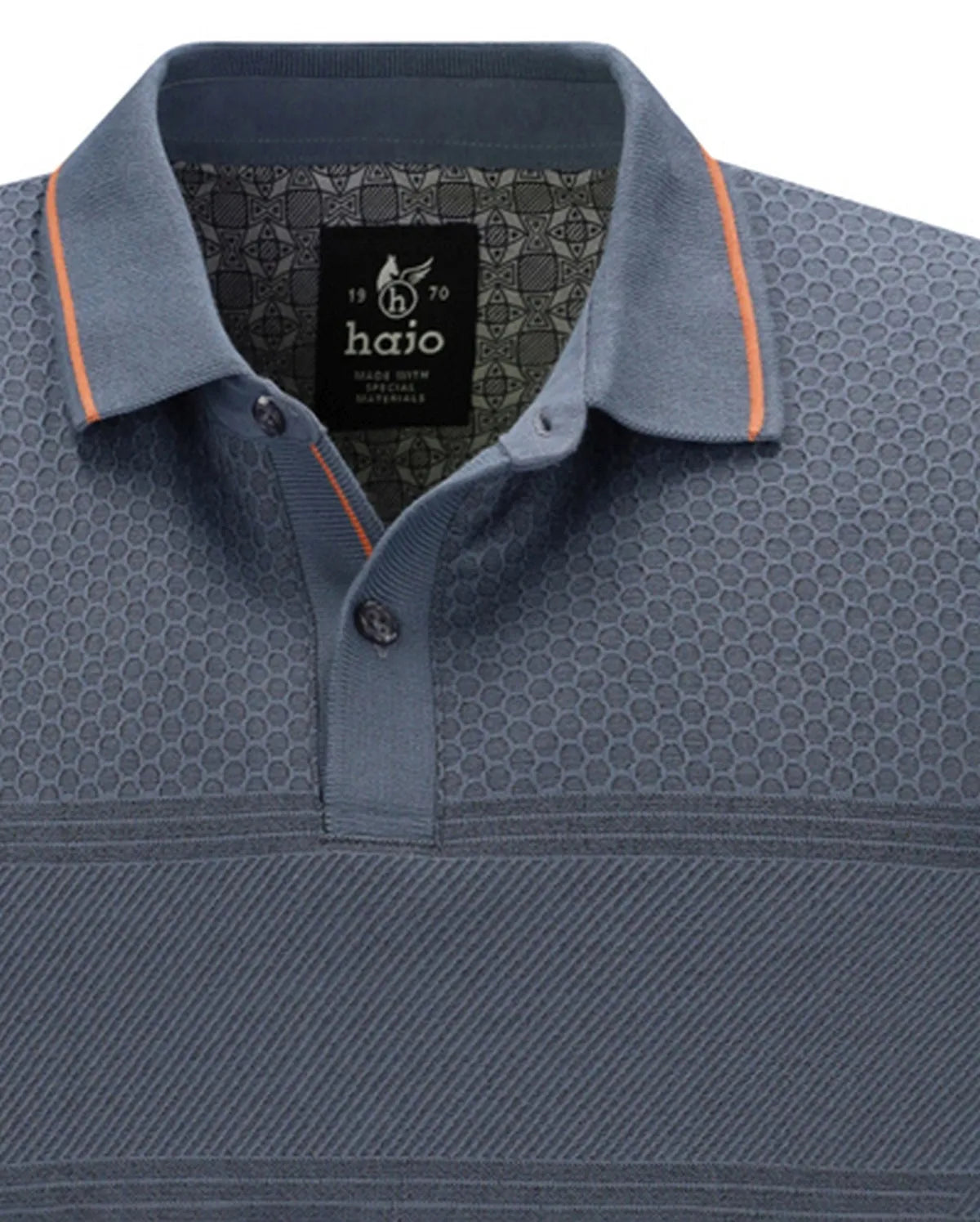 Halo-Poloshirt mit orangefarbener Spitze und sechseckigem Muster.