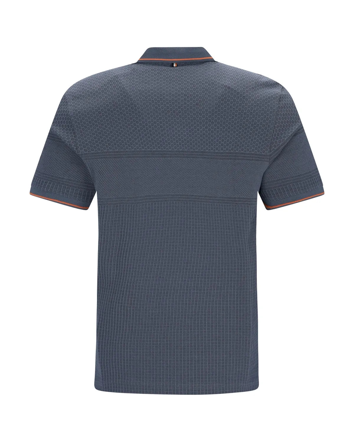 Marineblaues Poloshirt mit braun-weiß gestreiftem Saum und strukturiertem Stoffmuster.