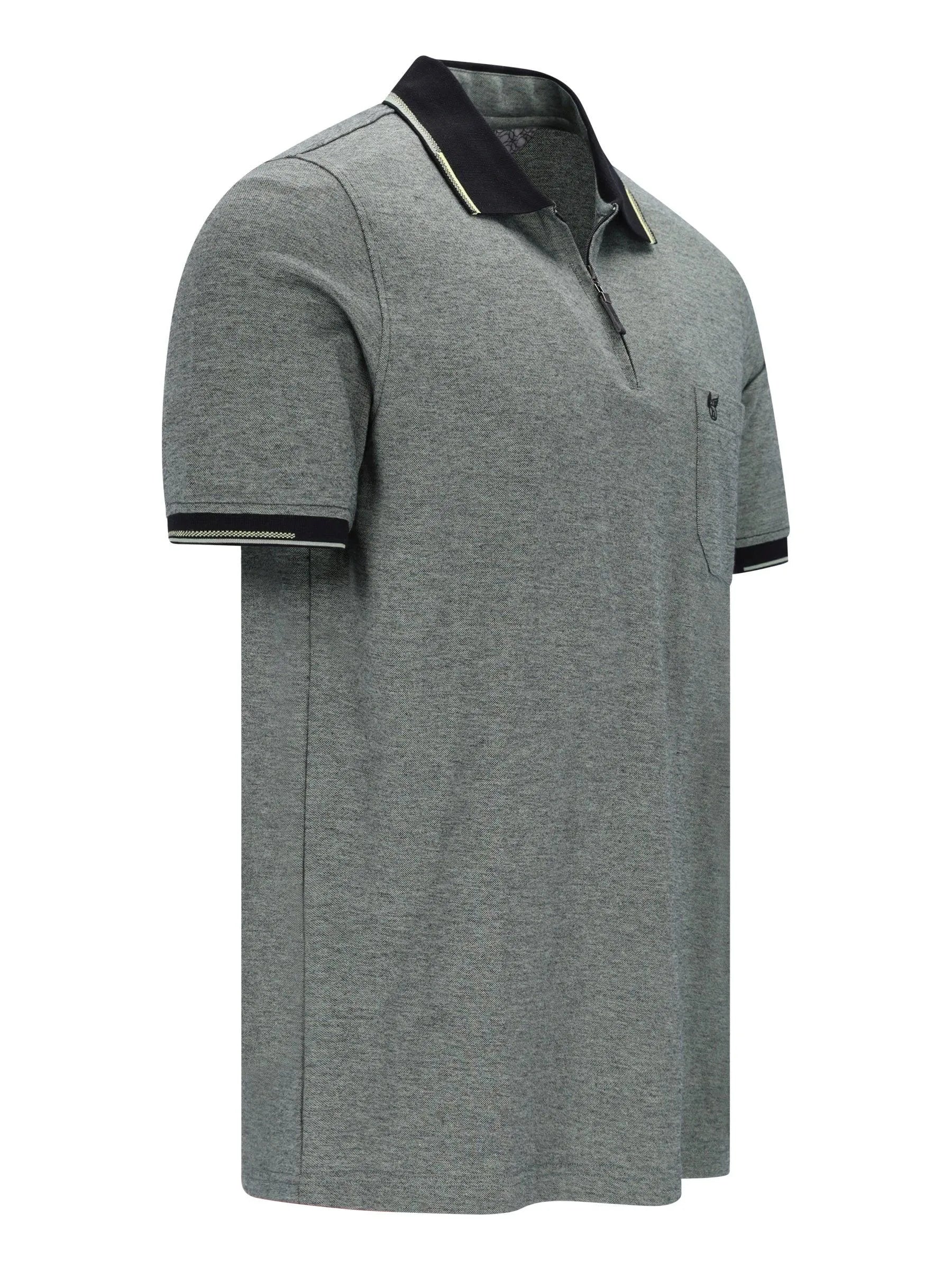Graues Jaspé-Poloshirt mit schwarzem Kragen, weißen Paspeln und Brusttasche
