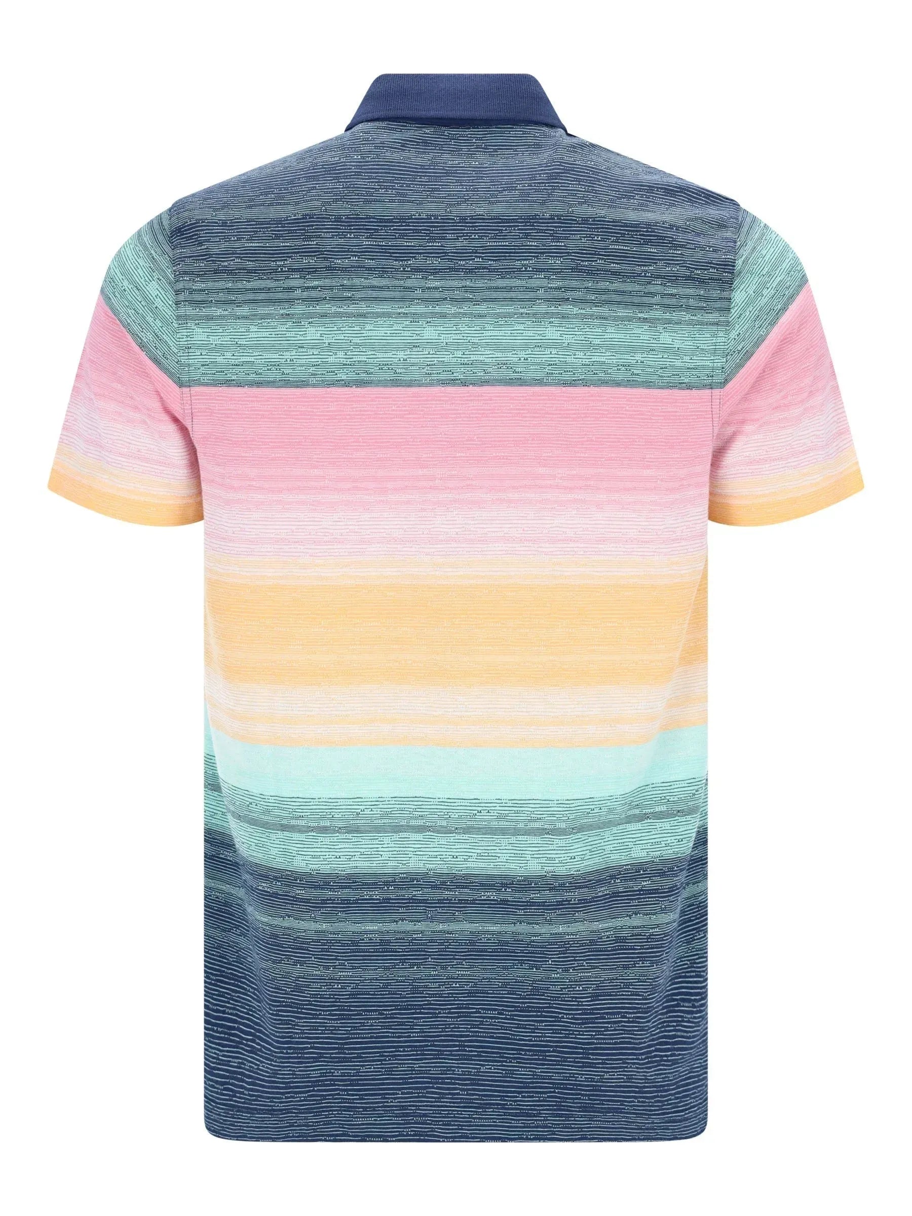 Herren-Poloshirt mit pastellfarbenen Jacquardstreifen in Rosa-Gelb-Blau und navy Kragen