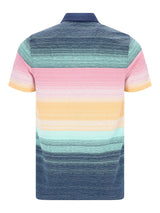 Herren-Poloshirt mit pastellfarbenen Jacquardstreifen in Rosa-Gelb-Blau und navy Kragen