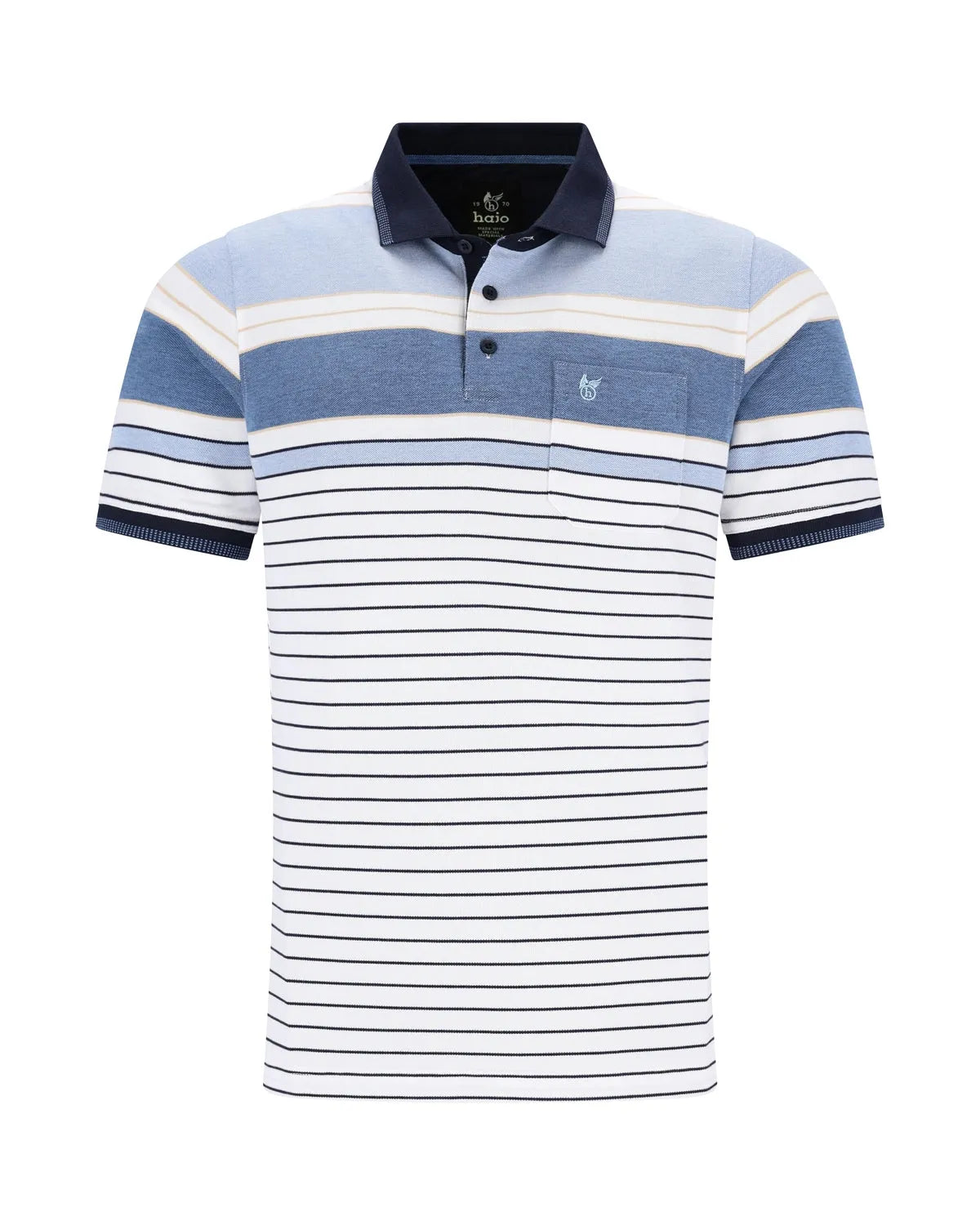 Blau-weiß gestreiftes Poloshirt mit marineblauem Besatz, kurzen Ärmeln und einem Kragen.