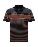 Braun und marineblau gestreiftes Poloshirt mit Logo auf der Brust.