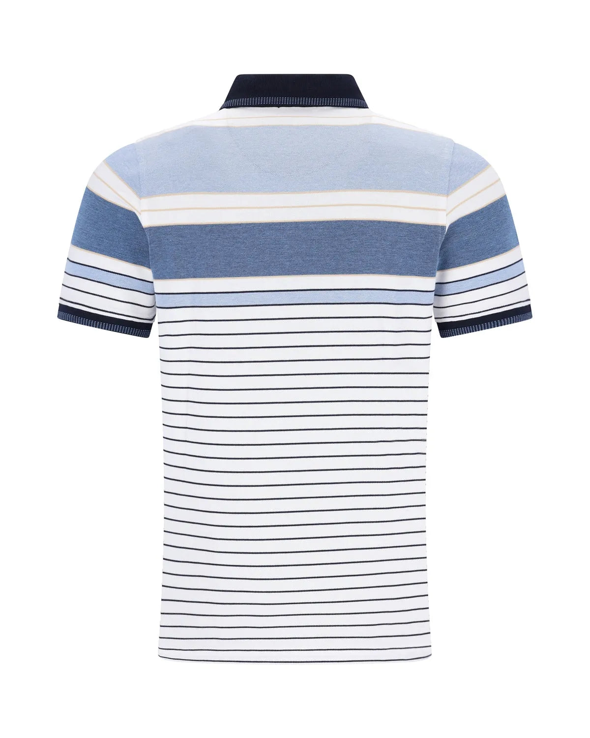 Blau-weiß gestreiftes Poloshirt mit marineblauen Akzenten, kurze Ärmel, Kragenausschnitt.