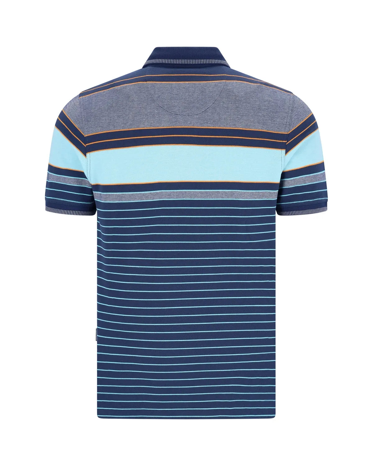 Blau gestreiftes Poloshirt mit marineblauen und hellblauen Streifen, kurze Ärmel, Kragen.