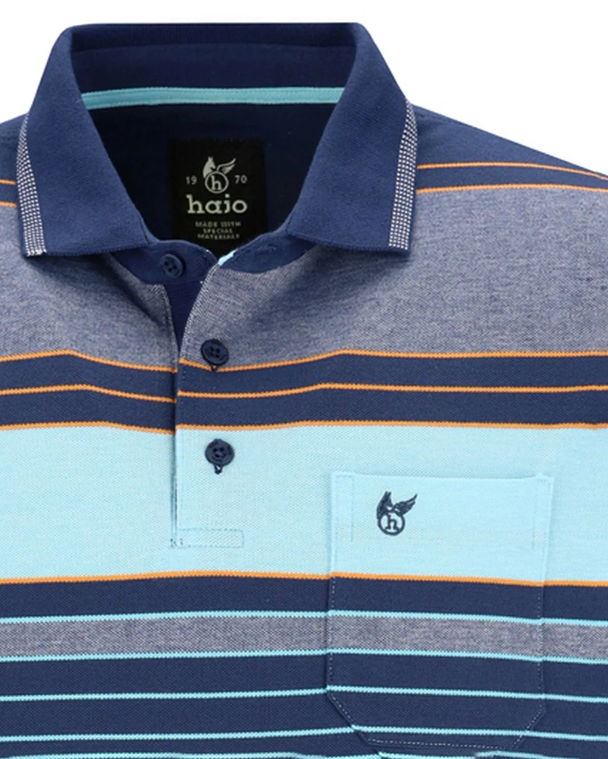 Halo-Poloshirt mit marineblauen, hellblauen und orangefarbenen Streifen.