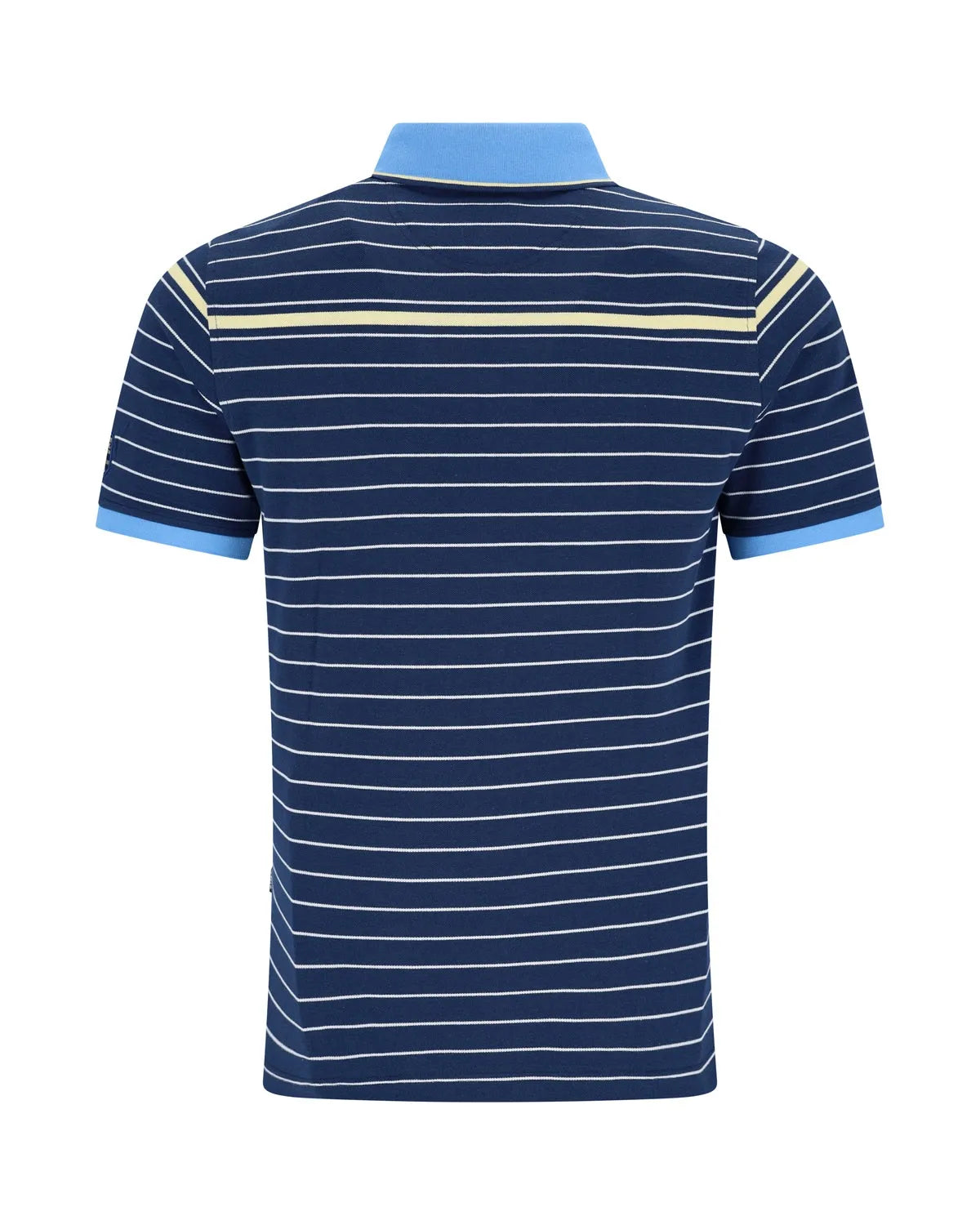 Marineblau-weiß gestreiftes Poloshirt mit hellblauem Kragen und Manschetten, aus Baumwolle.