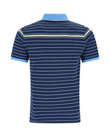 Marineblau-weiß gestreiftes Poloshirt mit hellblauem Kragen und Manschetten, aus Baumwolle.