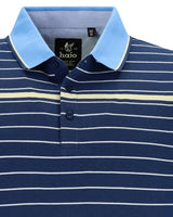 Marineblau und hellgelb gestreiftes Poloshirt von Halo mit kontrastierendem Kragen.