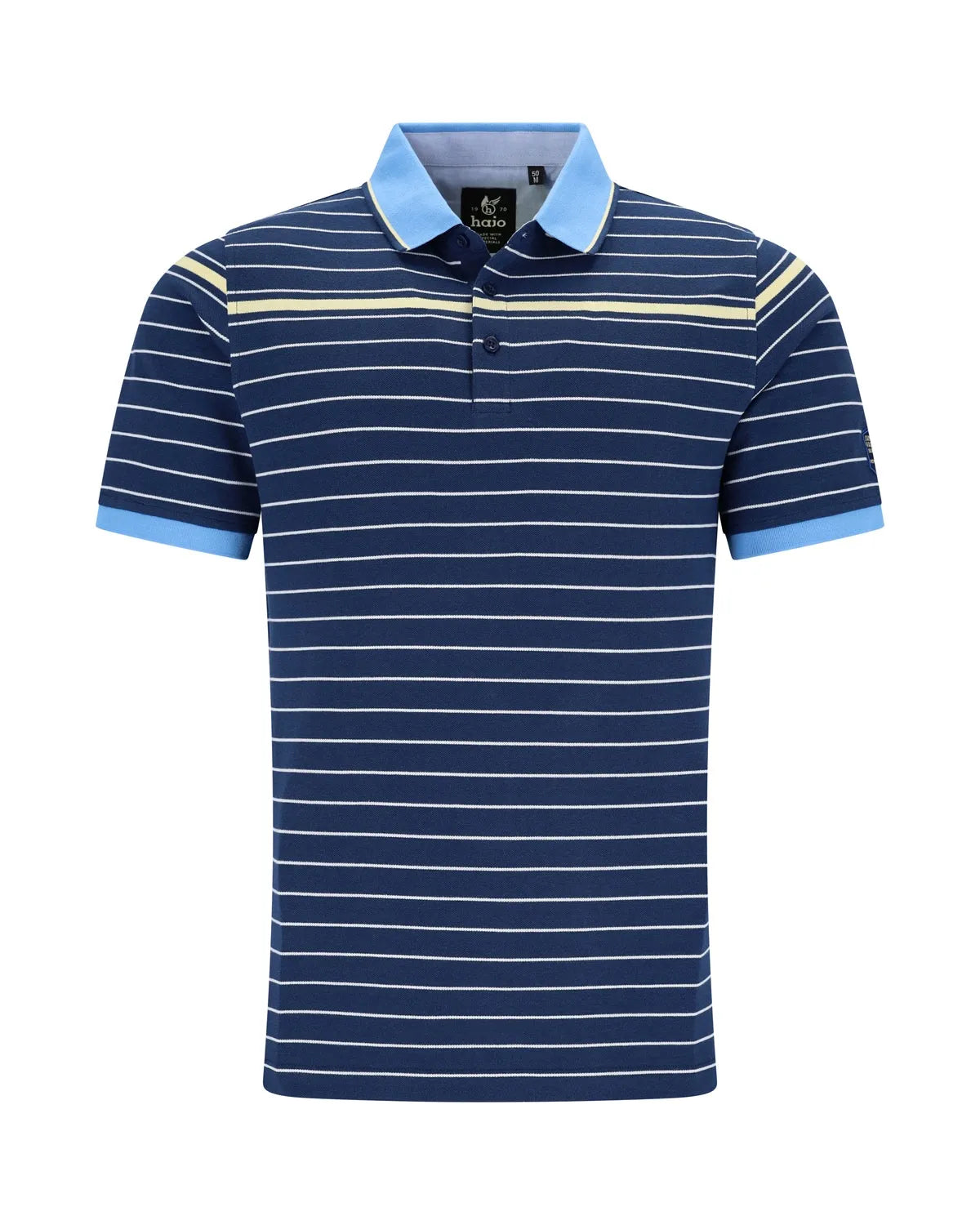 Blau-weiß gestreiftes Poloshirt mit Kontrastkragen und -manschetten, aus Baumwolle.