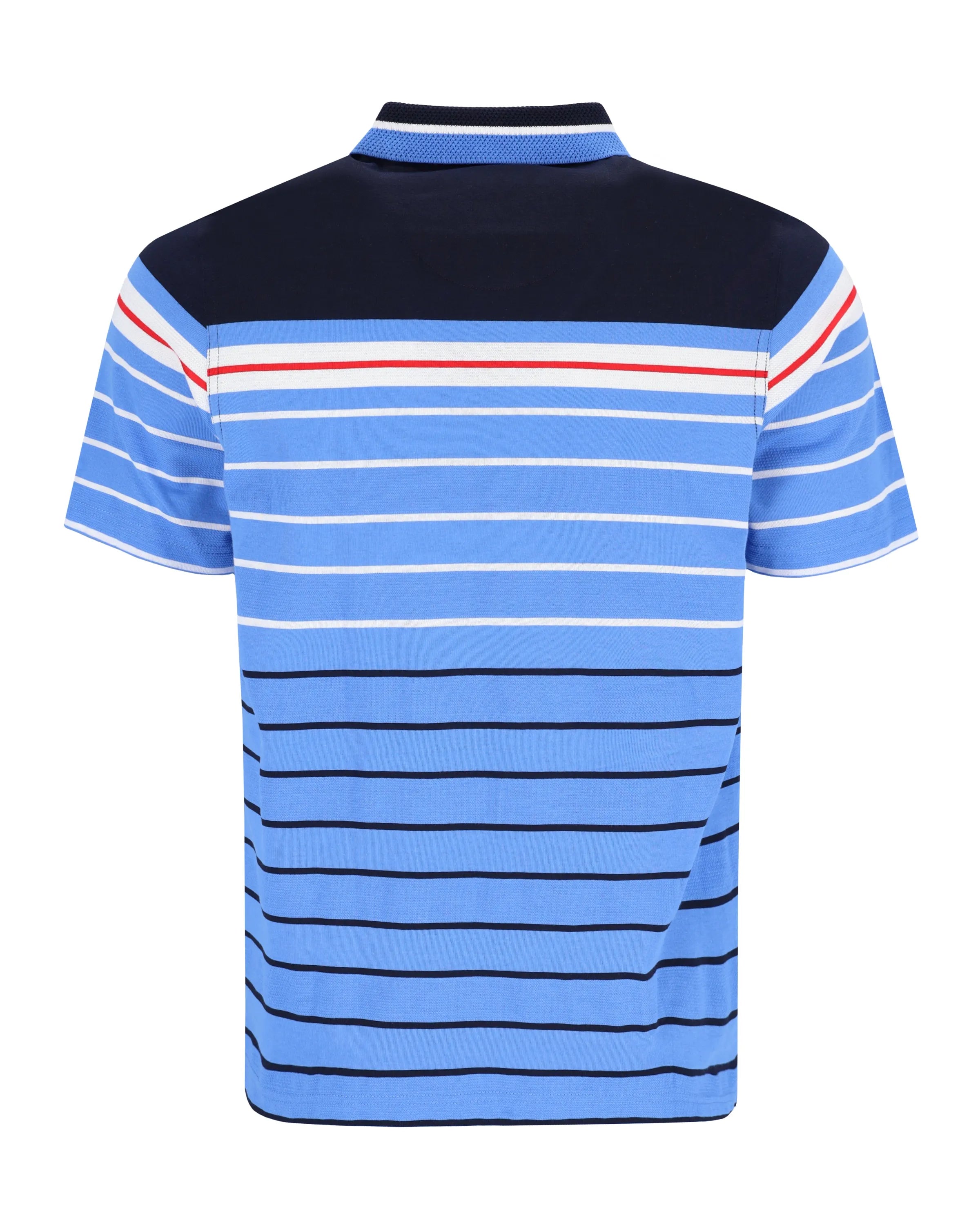 Blau und marineblau gestreiftes Poloshirt mit roten Akzenten, wahrscheinlich aus Baumwolle oder Polyestergemisch.