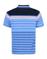 Blau und marineblau gestreiftes Poloshirt mit roten Akzenten, wahrscheinlich aus Baumwolle oder Polyestergemisch.