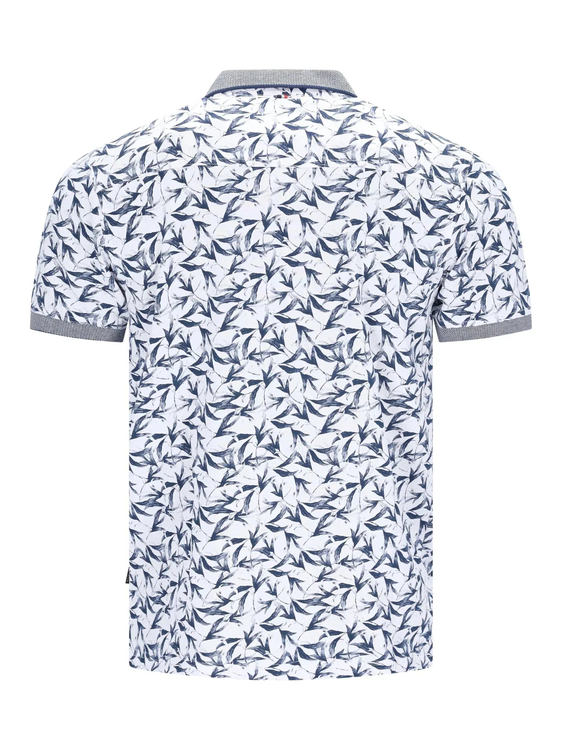 Weißes Poloshirt mit navyblauem Blattmuster und grauem Saum