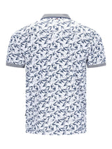 Weißes Poloshirt mit navyblauem Blattmuster und grauem Saum