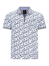 Weißes Poloshirt mit navyblauem Vogelmuster und grauen Säumen