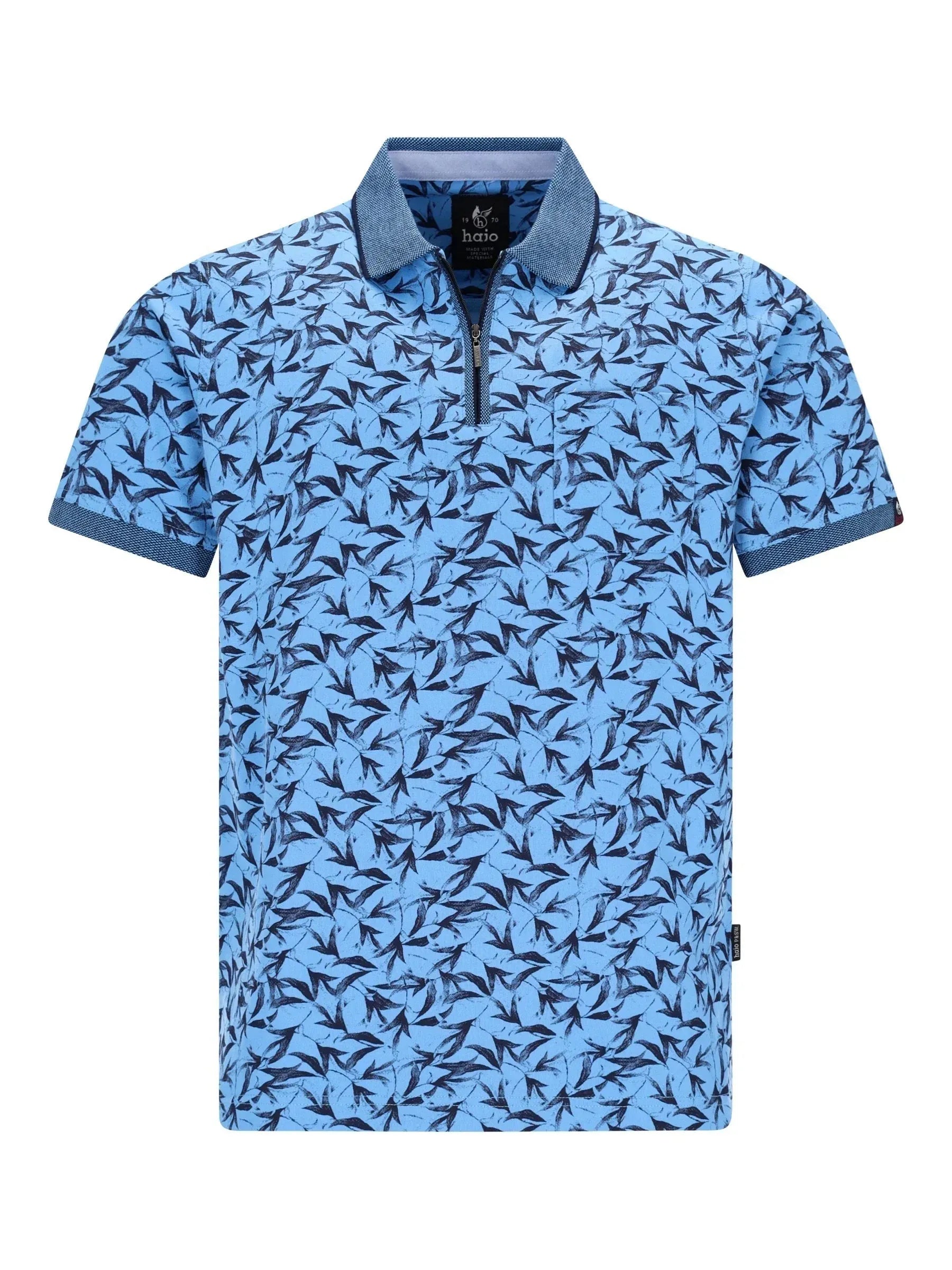 Hellblaues Poloshirt mit navy Vogelmuster und Denim-Kragen in Stay-Fresh-Qualität