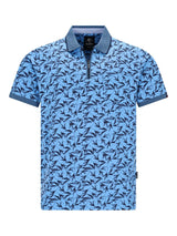 Hellblaues Poloshirt mit navy Vogelmuster und Denim-Kragen in Stay-Fresh-Qualität