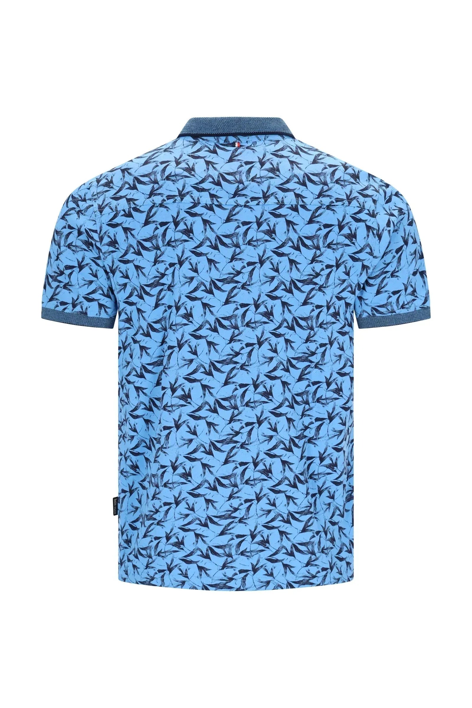 Hellblaues Poloshirt mit navy Vogelmuster und passendem Kragen in Stay-Fresh-Qualität