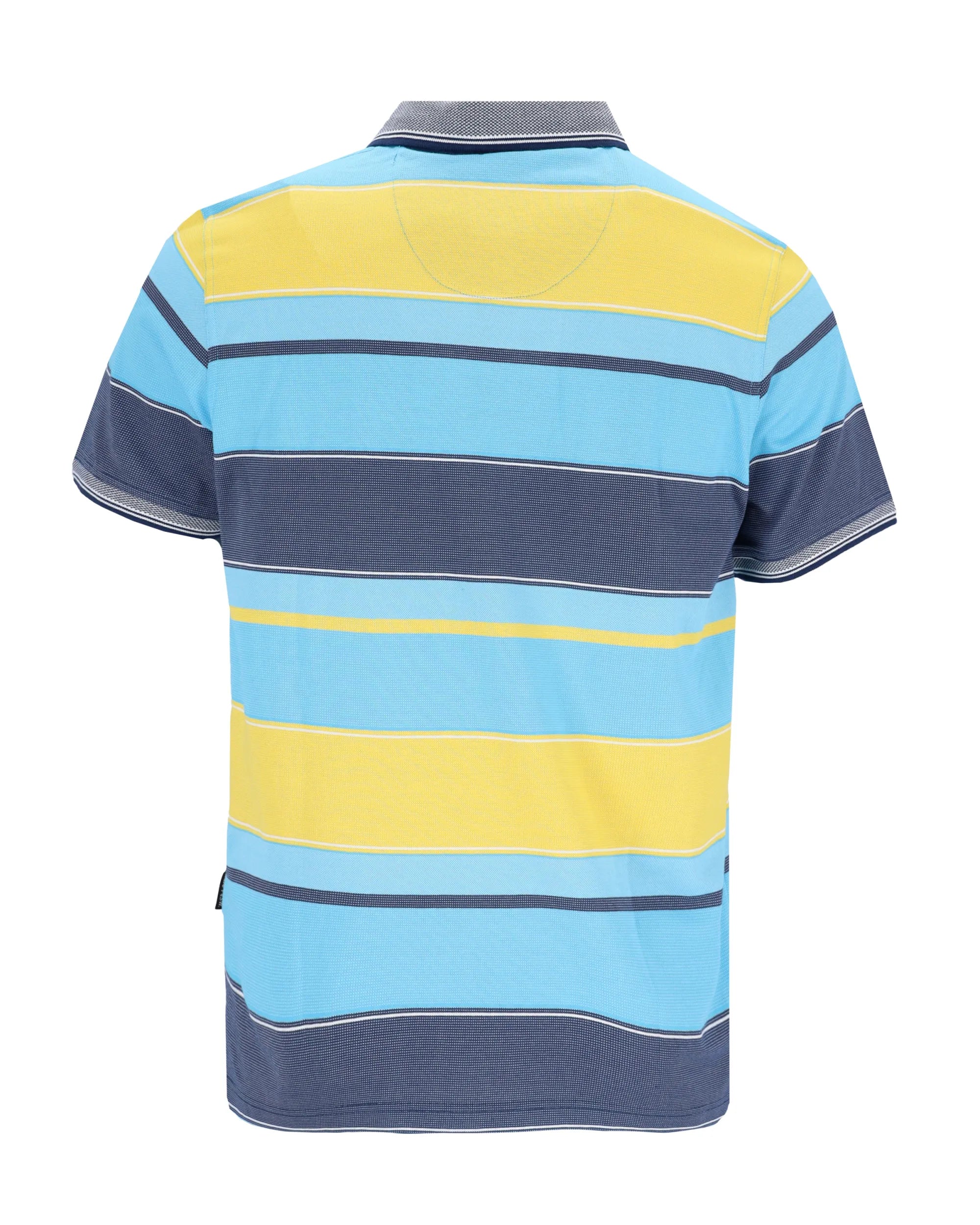 Blau und gelb gestreiftes Poloshirt mit kurzen Ärmeln.