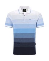 Blau-weiß gestreiftes Poloshirt mit Tasche, kurzen Ärmeln, Kragen und Logo auf der linken Brust.