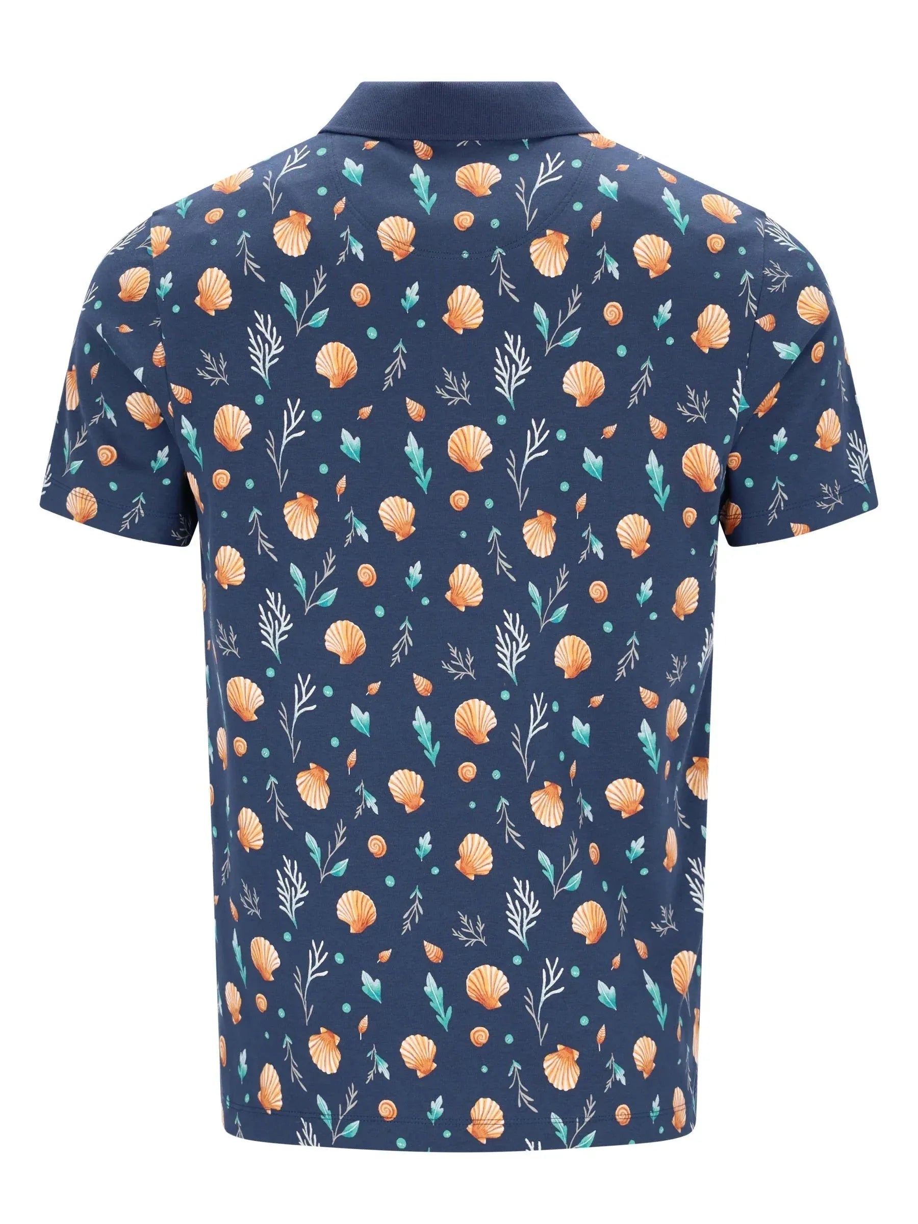 Navyblaues Poloshirt mit maritimem Alloverdruck aus Baumwolle