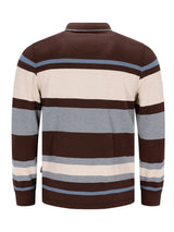 Braunes und blaues gestreiftes Poloshirt mit Kragen.