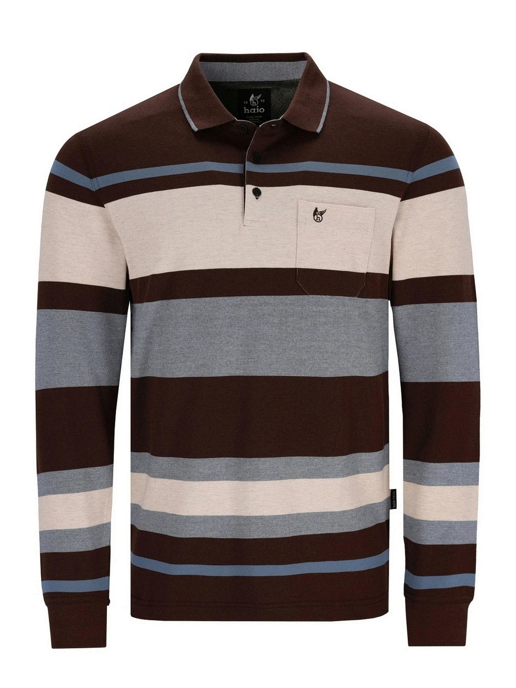 Braunes und graues gestreiftes Poloshirt mit langen Ärmeln, aus Baumwolle gefertigt.