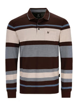 Braunes und graues gestreiftes Poloshirt mit langen Ärmeln, aus Baumwolle gefertigt.