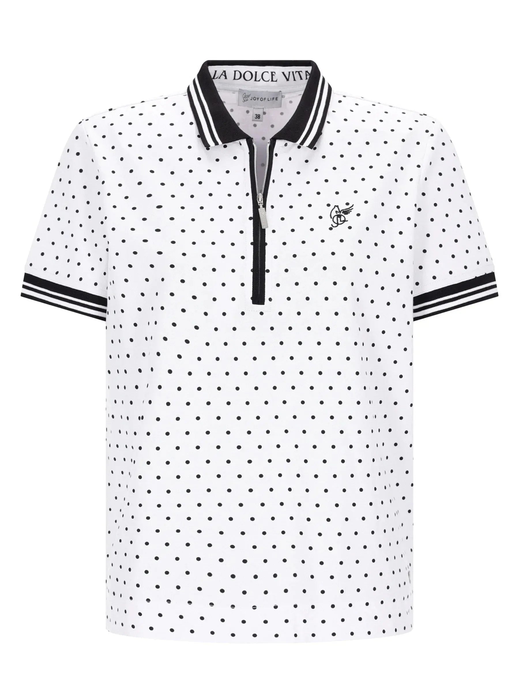 Poloshirt mit Tupfen-Print: weiß mit schwarzen Punkten, gestreiftem Kragen