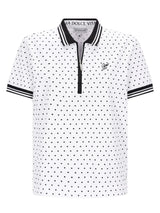 Poloshirt mit Tupfen-Print: weiß mit schwarzen Punkten, gestreiftem Kragen