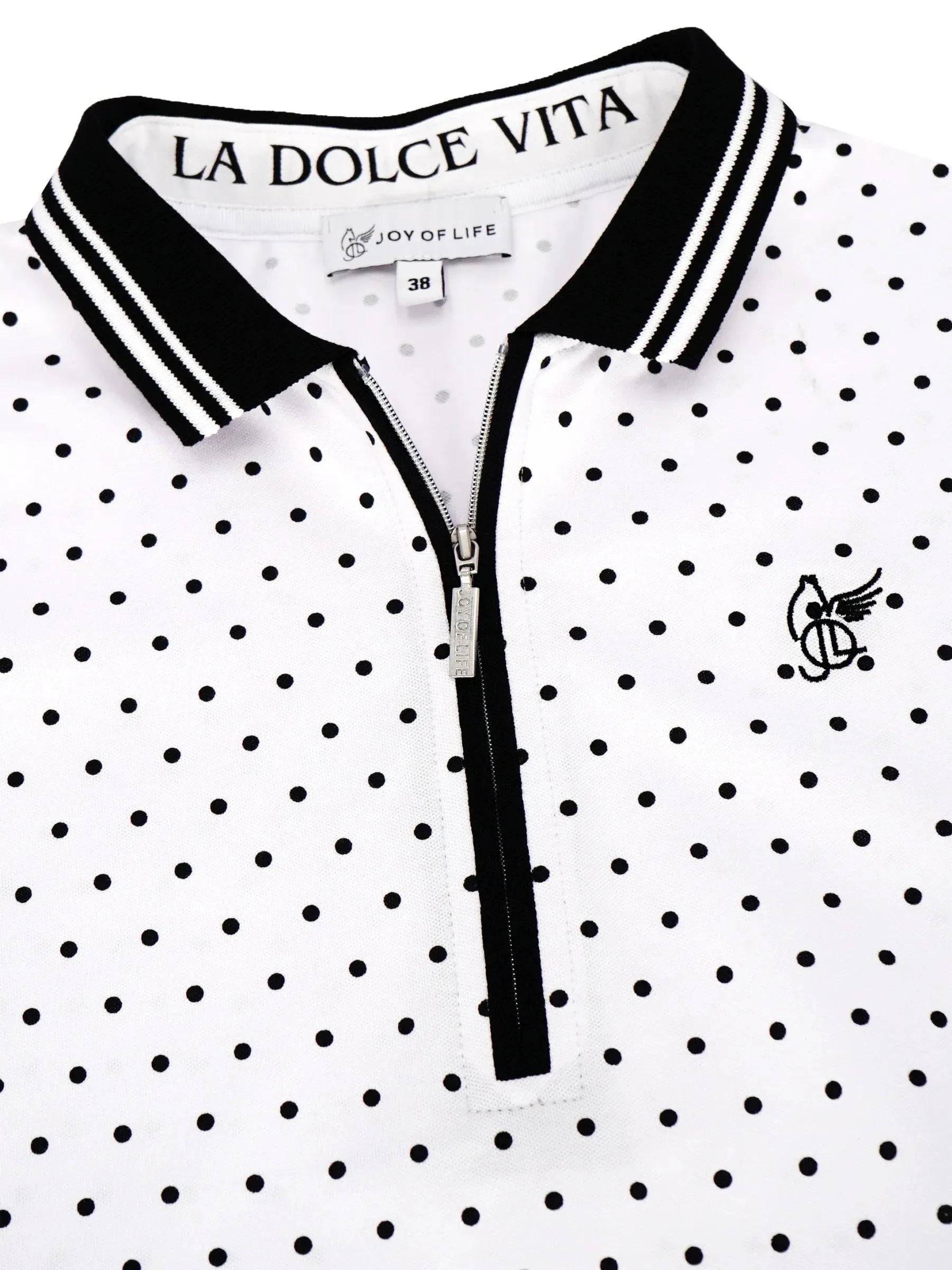 Poloshirt mit Tupfen-Print: weiß mit schwarzen Punkten und Streifencollar
