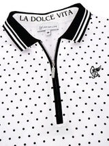 Poloshirt mit Tupfen-Print: weiß mit schwarzen Punkten und Streifencollar
