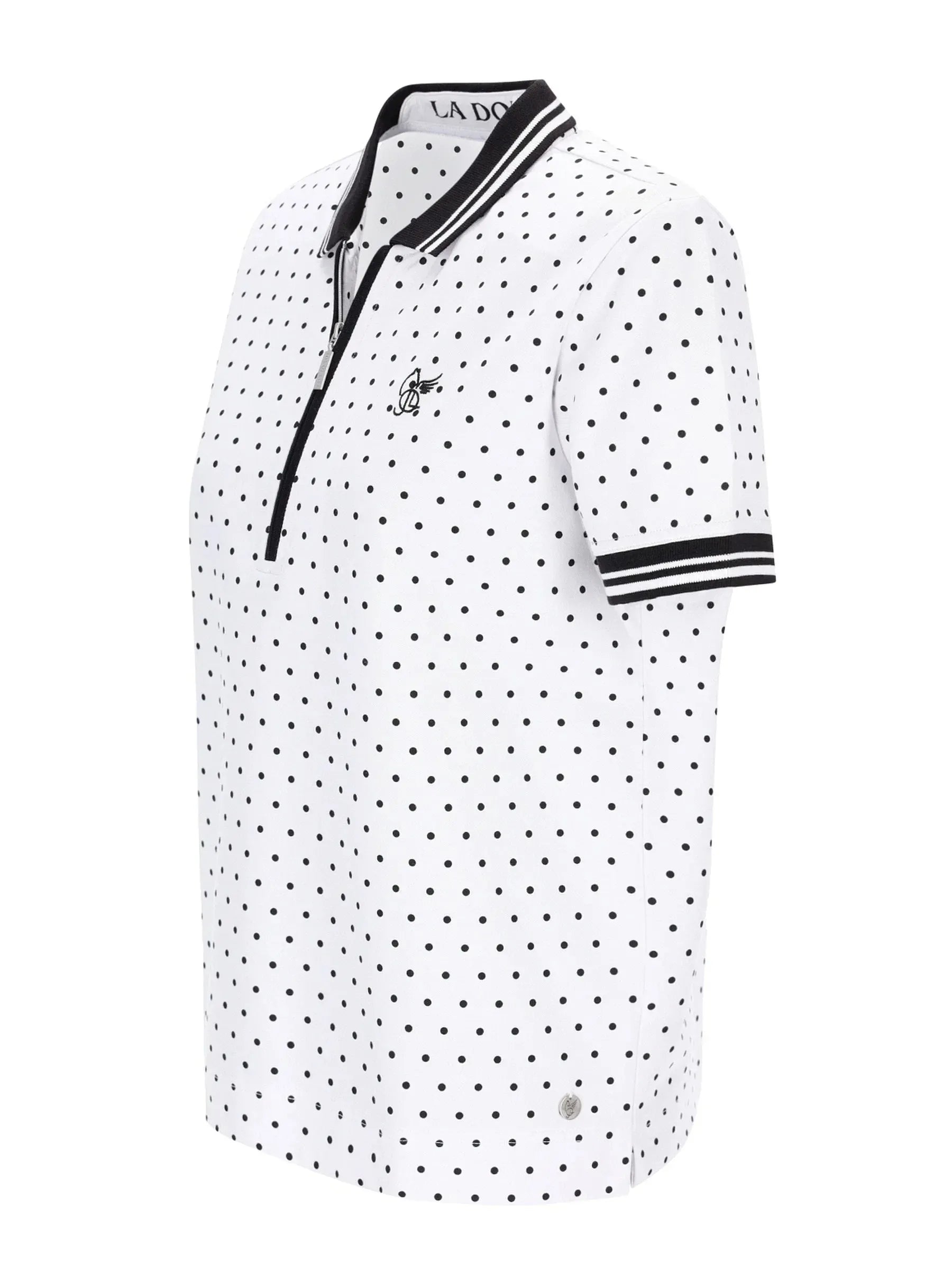 Poloshirt mit Tupfen-Print: weiß mit schwarzen Punkten, schwarzem Kragen und Bündchen