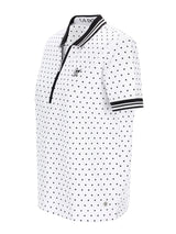 Poloshirt mit Tupfen-Print: weiß mit schwarzen Punkten, schwarzem Kragen und Bündchen